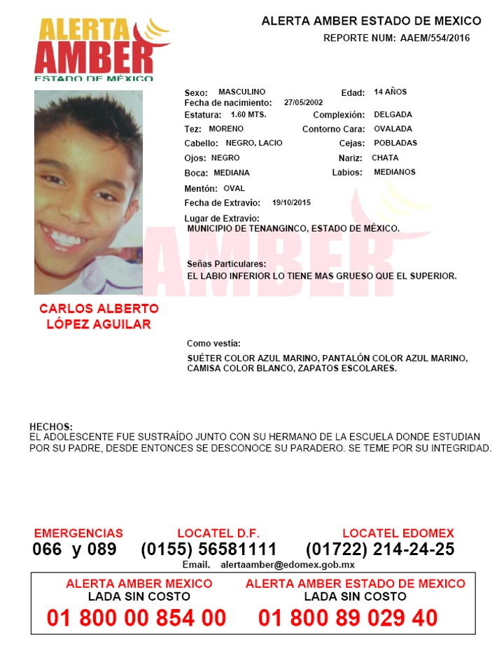 CEDULA ALERTA AMBER CARLOS ALBERTO LOPEZ AGUILAR